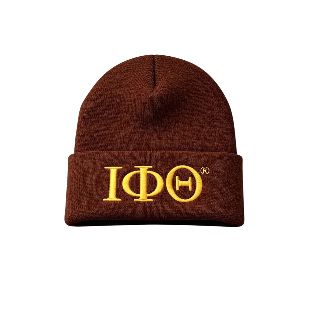 Iota Phi Theta Embroidered Beanie | Brown Gold Greek Knit Hat | Fraternity Gift